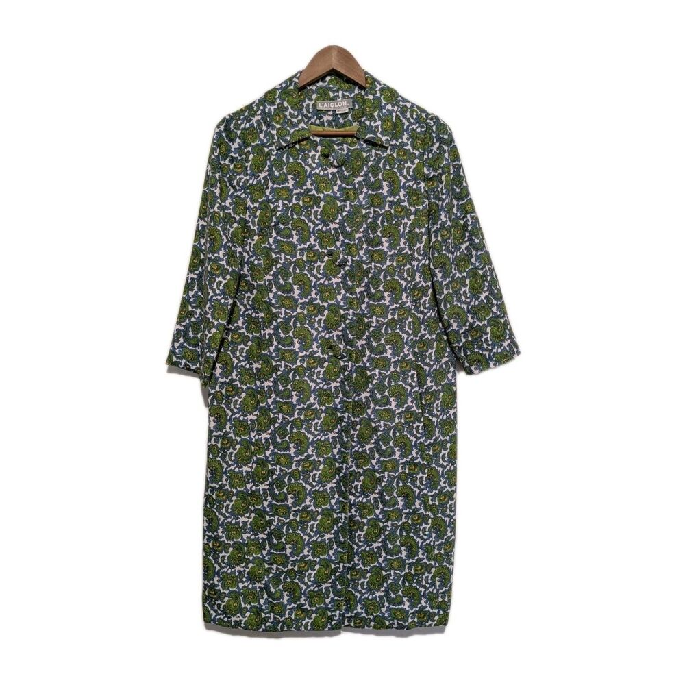 Vintage 60s Laiglon Coat 3/4 Sleeve Lined Spring Fall Green Blue Paisley S B38
